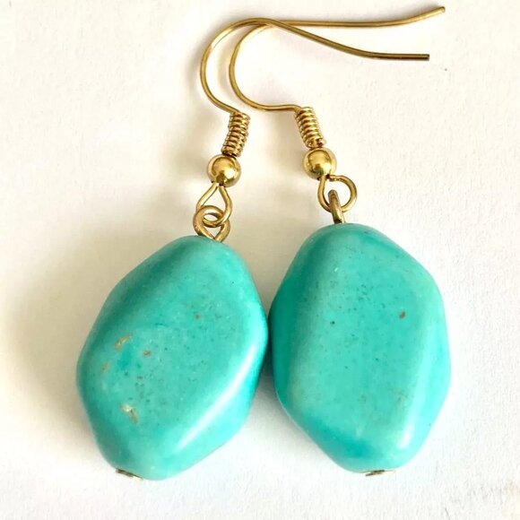 Aqua Turquoise Stone Earrings Gold Plated Dangle Chunky Statement Southwestern - Picture 4 of 9